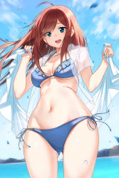 Rule 34 | 1girl, :d, ahoge, bikini, blue bikini, blue eyes, blue nails, blue ribbon, blue sky, blush, breasts, brown hair, collarbone, commentary request, cowboy shot, day, earrings, floating hair, frilled bikini, frilled bikini top, frills, from below, glint, gluteal fold, go-toubun no hanayome, highres, holding, jewelry, long hair, looking at viewer, looking down, medium breasts, medium hair, mountainous horizon, nail polish, nakano miku, navel, open clothes, open mouth, open shirt, outdoors, petals, ribbon, round teeth, see-through, short sleeves, side-tie bikini bottom, single earring, sky, smile, solo, standing, stomach, swimsuit, teeth, underboob, upper teeth only, water, wind, zhanzheng zi