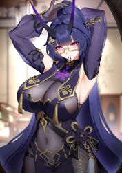 Rule 34 | 1girl, absurdres, armpits, arms up, blush, breasts, covered navel, glasses, gloves, highres, honkai (series), honkai impact 3rd, horns, large breasts, long hair, long sleeves, looking at viewer, nail polish, official alternate costume, ponytail, purple eyes, purple gloves, purple hair, purple sleeves, raiden mei, raiden mei (herrscher of thunder), solo, wu ganlan cai