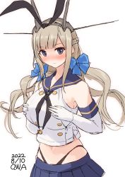 Rule 34 | 1girl, artist name, black hairband, black neckerchief, black panties, blue eyes, blue sailor collar, blue skirt, breasts, commentary request, cosplay, cowboy shot, crop top, dated, elbow gloves, gloves, hairband, headgear, highleg, highleg panties, highres, kantai collection, large breasts, light brown hair, long hair, maryland (kancolle), microskirt, miniskirt, neckerchief, one-hour drawing challenge, owa (ishtail), panties, pleated skirt, sailor collar, shimakaze (kancolle), shimakaze (kancolle) (cosplay), simple background, skirt, solo, underwear, white background, white gloves