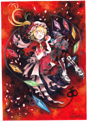 Rule 34 | 1girl, alternate costume, apple, blonde hair, boots, capelet, chain, colored pencil (medium), cross, cross-laced footwear, crystal, dress, eating, fang, female focus, flandre scarlet, food, frilled dress, frills, fruit, laevatein, mosho, painting (medium), petals, side ponytail, skull, solo, thighhighs, torn clothes, torn thighhighs, touhou, traditional media, watercolor (medium), wings