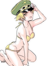 Rule 34 | 10s, 1girl, adjusting clothes, adjusting headwear, arm support, bikini, blonde hair, breasts, erwin (girls und panzer), girls und panzer, goggles, goggles on headwear, green hat, hat, kneeling, light smile, looking at viewer, medium breasts, military hat, open mouth, peaked cap, pointy hair, rinoko, short hair, simple background, sketch, solo, swimsuit, white background, yellow bikini, yellow eyes