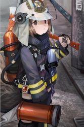 Rule 34 | 1girl, arknights, axe, brown eyes, chinese text, closed mouth, emblem, firefighter jacket, firefighter, from side, helmet, holding, jacket, long sleeves, looking at viewer, nice (kingzone), oxygen mask, oxygen tank, shaw (arknights), short hair, solo, standing, tail