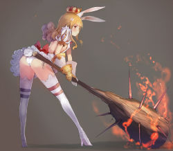 Rule 34 | 1girl, :3, animal ears, ass, backless outfit, bare back, baseball bat, blonde hair, blunt bangs, blush, buckle, club, club (weapon), crown, fire, flaming weapon, flat chest, frilled skirt, frills, from behind, full body, gauntlets, gloves, grey background, hair ornament, high heels, highres, holding, holding weapon, huge weapon, leaning forward, legs apart, long hair, looking back, mace, miniskirt, nail, nail bat, original, panties, pantyshot, puff and slash sleeves, puffy short sleeves, puffy sleeves, pumps, rabbit ears, rabbit hair ornament, rabbit tail, red eyes, ribbon, shoes, short sleeves, side-tie panties, sidelocks, simple background, skirt, solo, spiked club, standing, sumisu (mondo), tail, thigh strap, thighhighs, two-handed, underwear, upskirt, weapon, weapon request, white footwear, white heels, white panties, white thighhighs