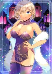 Rule 34 | 1girl, ;), bare shoulders, black dress, black thighhighs, breasts, brown hair, cleavage, closed mouth, commentary request, copyright request, dress, earrings, feather boa, green eyes, groin, jewelry, kou hiyoyo, lantern, large breasts, looking at viewer, mole, mole under mouth, one eye closed, pelvic curtain, smile, solo, strapless, strapless dress, stud earrings, thighhighs, virtual youtuber