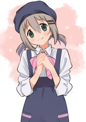 Rule 34 | 1girl, beret, blue hat, blush, bow, collared shirt, commentary request, cowboy shot, employee uniform, green eyes, grey hair, hair between eyes, hair ornament, hairclip, hat, looking at viewer, meis (terameisu), own hands clasped, own hands together, pink bow, shirt, smile, solo, sparkle, standing, two side up, uniform, white shirt, yama no susume, yukimura aoi