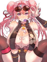 Rule 34 | 1girl, absurdres, arm support, artist request, azur lane, bare shoulders, black dress, black nails, black thighhighs, blush, bra, bra peek, braid, braided bun, breasts, bremerton (azur lane), bremerton (kung fu cruiser) (azur lane), bridal gauntlets, brown bra, cameltoe, china dress, chinese clothes, cleavage, clenched teeth, collarbone, condom, covered navel, covering privates, covering one breast, cowboy shot, crack, cracked floor, cracked wall, double bun, dress, eyewear on head, hair between eyes, hair bun, hair intakes, hair ornament, hair ribbon, highres, huge breasts, legs apart, long hair, looking at viewer, mole, mole on breast, mole under eye, multicolored hair, nail polish, naughty face, official alternate costume, one breast out, panties, panty peek, pelvic curtain, pink eyes, pink hair, planted, ribbon, round eyewear, sagging breasts, shadow, shiny skin, sidelocks, sitting, skindentation, sleeveless, sleeveless dress, solo, spread legs, strapless, strapless bra, streaked hair, suggestive fluid, sunglasses, tassel, teeth, thighhighs, tinted eyewear, twintails, two-tone hair, underwear
