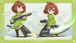 Rule 34 | 1girl, attack, black thighhighs, breasts, bright pupils, brown eyes, brown hair, chibi, cleavage, cleavage cutout, closed mouth, clothing cutout, commentary, dress, english commentary, envelope, eraser, framed, full body, gun, hammer, highres, kexe4770, large breasts, multiple views, nikki (swapnote), nintendo, red-framed eyewear, semi-rimless eyewear, short hair, shotgun, smile, standing, swapnote, sweater, sweater dress, thighhighs, turtleneck, under-rim eyewear, weapon, white pupils