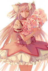 Rule 34 | 1girl, bouquet, bubble skirt, choker, cowboy shot, flower, frilled skirt, frilled sleeves, frills, hair ribbon, highres, holding, holding bouquet, holding flower, kaname madoka, long hair, looking at viewer, mahou shoujo madoka magica, mahou shoujo madoka magica (anime), pink flower, pink hair, pink ribbon, pink rose, pink theme, puffy short sleeves, puffy sleeves, red neckwear, ribbon, rose, shaded face, short sleeves, short twintails, simple background, skirt, smile, solo, sparkle, standing, thighs, twintails, two side up, ultimate madoka, very long hair, white background, white ribbon, wttwj, yellow eyes