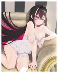 Rule 34 | 1girl, absurdres, azki (hololive), bare shoulders, black hair, breasts, camisole, cleavage, collarbone, couch, hair between eyes, hair flowing over, hair intakes, highres, hololive, large breasts, loeldrive, long hair, looking at viewer, multicolored hair, on couch, purple eyes, red hair, red nails, sidelocks, solo, streaked hair, upper body, very long hair, virtual youtuber, white camisole