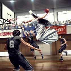 Rule 34 | 1girl, 2channel, 3boys, audience, ball, bare arms, baseball jersey, basketball, basketball (object), black hair, black shorts, breasts, crowd, dress, hasshaku-sama, hat, highres, imperfectring, indoors, jersey, jumping, large breasts, long hair, motion blur, multiple boys, realistic, short hair, shorts, slam dunk (basketball), sportswear, sun hat, tall female, white dress, white headwear