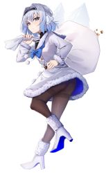 Rule 34 | 1girl, ass, black hairband, black pantyhose, blue eyes, blue hair, boots, closed mouth, full body, fur-trimmed boots, fur trim, hair ornament, hairband, high heel boots, high heels, highres, long sleeves, looking at viewer, pantyhose, ryuuou no oshigoto!, short hair, simple background, snowflake hair ornament, solo, sora ginko, tapioka (oekakitapioka), white background, white footwear