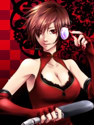 Rule 34 | 1girl, bad id, bad pixiv id, breasts, brown hair, cleavage, fingerless gloves, gloves, hair over one eye, headphones, headset, large breasts, meiko (vocaloid), nail polish, red eyes, red nails, short hair, smile, solo, suwan, vocaloid