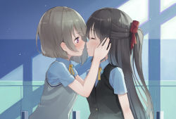 Rule 34 | 2girls, aqua shirt, artist name, artist request, black vest, blush, bow, bowtie, breasts, brown hair, buttons, closed eyes, collared shirt, face-to-face, female focus, hair between eyes, hair bow, hand on face, highres, incoming kiss, indoors, light brown hair, long hair, looking at viewer, love live!, love live! nijigasaki high school idol club, multiple girls, nakasu kasumi, nijigasaki academy school uniform, nose blush, osaka shizuku, parted lips, pink eyes, ponytail, purple eyes, red bow, ribbon, school uniform, shirt, short sleeves, smile, sweater vest, upper body, vest, white shirt, yellow bow, yellow buttons, yellow ribbon, yellow vest
