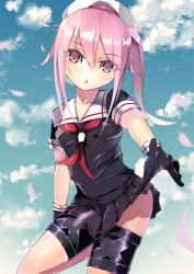 Rule 34 | 10s, 1girl, beret, black gloves, black skirt, blue hair, blue sky, day, gloves, gradient hair, hare shigure, harusame (kancolle), hat, kantai collection, looking at viewer, multicolored hair, neckerchief, pink eyes, pink hair, pleated skirt, sailor collar, school uniform, serafuku, side ponytail, skirt, sky, solo, triangle mouth