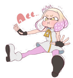 Rule 34 | 1girl, bare shoulders, black gloves, blush, boots, crown, dress, fang, fingerless gloves, flat chest, flying sweatdrops, forehead, full body, gloves, gradient hair, inkling, inkling (language), kaneko kogane, mini crown, mole, mole under mouth, multicolored hair, nintendo, open mouth, outstretched arms, pantyhose, pearl (splatoon), pink hair, pink pantyhose, short dress, short hair, simple background, sleeveless, sleeveless dress, solo, splatoon (series), splatoon 2, spread legs, suction cups, sweat, talking, teeth, tentacle hair, trembling, turtleneck, two-tone hair, white background, white dress, white footwear, white hair, yellow eyes, zipper pull tab