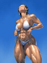 Rule 34 | 1girl, 702 96, abs, absurdres, bikini, blue background, bracelet, breasts, brown hair, cleavage, closed eyes, collarbone, dangle earrings, dark-skinned female, dark skin, earrings, hair between eyes, highres, holding strap, jewelry, large breasts, looking up, muscular, muscular female, nail polish, navel, original, parted lips, red nails, short hair, side-tie bikini bottom, solo, stomach, swimsuit, thick thighs, thighs, white bikini
