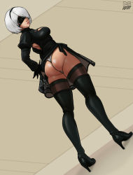 Rule 34 | 1girl, 2b (nier:automata), android, ass, back cutout, bad id, bad tumblr id, black blindfold, black dress, black hairband, blindfold, boots, breasts, cleavage cutout, clothing cutout, commentary, covered eyes, dress, dutch angle, english commentary, feather-trimmed sleeves, from behind, gloves, hairband, high heel boots, high heels, highleg, highleg leotard, highres, juliet sleeves, large breasts, leather, leather boots, leotard, long sleeves, looking at viewer, looking back, mole, mole under mouth, nier:automata, nier (series), parted lips, pink lips, ponpu (pumpkinsinclair), puffy sleeves, revision, short hair, silver hair, solo, thigh boots, thighhighs, thighhighs under boots, vambraces, white leotard