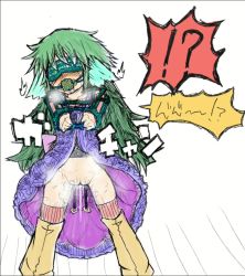 Rule 34 | aged down, akaishi shiroishi, bdsm, black panties, blindfold, blush, bondage, bound, cleft of venus, clothes lift, crying, crying with eyes open, dress, dress lift, gag, gagged, green hair, harness, japanese text, leaking, open mouth, panties, rope, shaking, steaming body, tears, thighhighs, translated, underwear