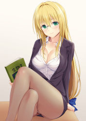 Rule 34 | black jacket, black skirt, blonde hair, blue bow, blush, book, bow, breasts, brown pantyhose, cleavage, closed mouth, collarbone, collared shirt, crossed legs, feet out of frame, glasses, gradient background, grey background, hair bow, hair intakes, holding, holding book, jacket, large breasts, long hair, long sleeves, looking at viewer, low-tied long hair, miniskirt, n.g., office lady, open clothes, open jacket, panties, pantyhose, pantyshot, pencil skirt, rimless eyewear, shirt, skirt, smile, tearju lunatique, to love-ru, underwear, upskirt, very long hair, white shirt, wing collar