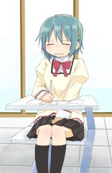 Rule 34 | 1girl, between legs, black skirt, black socks, blue hair, blush, bow, bowtie, clenched teeth, closed eyes, desk, embarrassed, female focus, flat chest, hair ornament, hairclip, hand between legs, hand up, have to pee, highres, holding, holding pencil, indoors, juliet sleeves, kneehighs, long sleeves, mahou shoujo madoka magica, mahou shoujo madoka magica (anime), mechanical pencil, miki sayaka, miniskirt, nose blush, on chair, paper, pencil, plaid, plaid skirt, pleated skirt, ponnu (tnpn2yw), puffy sleeves, red bow, red bowtie, shirt, short hair, sidelocks, sitting, skirt, socks, solo, sweat, teeth, tile floor, tiles, yellow shirt