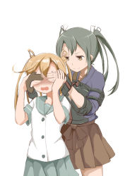 Rule 34 | 10s, 2girls, abukuma (kancolle), blonde hair, brown eyes, chocotto715, covering another&#039;s eyes, covering own eyes, green hair, hair ribbon, hair rings, hands on another&#039;s face, japanese clothes, kantai collection, long hair, multiple girls, muneate, open mouth, ribbon, school uniform, serafuku, skirt, smile, twintails, zuikaku (kancolle)