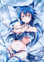 Rule 34 | 1girl, animal ears, bdsm, blue eyes, blue hair, bondage, bound, breasts, chain, claws, cleavage, collar, cuffs, fenrir (shinkai no valkyrie), frown, highres, ice, large breasts, leash, long hair, looking at viewer, matching hair/eyes, navel, nude, shinkai no valkyrie, solo, yasume yukito