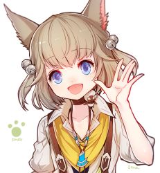 Rule 34 | 1girl, :d, absurdres, animal ears, bad id, bad pixiv id, bell, blue eyes, brown choker, cat ears, choker, collarbone, copyright name, fang, final fantasy, final fantasy xiv, hair bell, hair ornament, hand up, highres, jewelry, jingle bell, khloe aliapoh, light brown hair, looking at viewer, miqo&#039;te, necklace, open mouth, paw print, senano-yu, short hair, smile, solo, upper body, white background