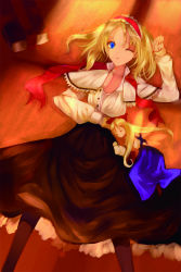 Rule 34 | 1girl, alice margatroid, bad id, bad pixiv id, blonde hair, blue eyes, book, bottomless, doll, female focus, indoors, kol49, long hair, long skirt, lying, one eye closed, open clothes, pantyhose, shanghai doll, short hair, skirt, solo, sunset, touhou, twilight, unbuttoned, wink
