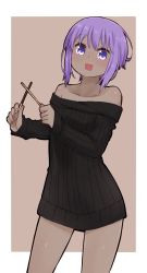 Rule 34 | 1girl, :d, bare shoulders, black sweater, blush, brown background, collarbone, dark-skinned female, dark skin, fate/prototype, fate/prototype: fragments of blue and silver, fate (series), food, hassan of serenity (fate), highres, holding, holding food, i.u.y, long sleeves, looking at viewer, off-shoulder sweater, off shoulder, open mouth, pocky, purple eyes, purple hair, ribbed sweater, sidelocks, sleeves past wrists, smile, solo, sweater, two-tone background, white background