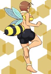 Rule 34 | 1girl, antennae, arthropod girl, ass, bee girl, black shorts, blush, breasts, brown hair, from behind, full body, fur collar, green eyes, honey bee (monster girl encyclopedia), honeybee, insect girl, insect wings, kurovah, large breasts, looking at viewer, looking back, monster girl, monster girl encyclopedia, shorts, simple background, smile, solo, wings