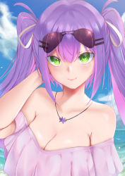 Rule 34 | 1girl, absurdres, bare shoulders, breasts, cleavage, day, eyewear on head, green eyes, hair between eyes, hair ornament, hair ribbon, hairclip, highres, hololive, jewelry, long hair, looking at viewer, medium breasts, mirai&#039;g, multicolored hair, necklace, ocean, off-shoulder shirt, off shoulder, outdoors, pink hair, pink shirt, purple hair, ribbon, shirt, short sleeves, skindentation, smile, solo, streaked hair, sunglasses, tokoyami towa, twintails, upper body, virtual youtuber, white ribbon