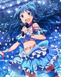 Rule 34 | &gt;:d, 10s, 1girl, :d, audience, black hair, blue eyes, earrings, idolmaster, idolmaster million live!, jewelry, lens flare, microphone, midriff, mogami shizuka, music, necklace, off shoulder, official art, open mouth, singing, skirt, smile, solo, stage lights, thigh strap, v-shaped eyebrows