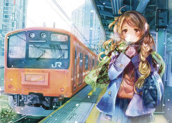 Rule 34 | 1girl, ahoge, blue jacket, blue skirt, braid, brown eyes, brown hair, closed mouth, day, earmuffs, gloves, hair ornament, hairclip, hands up, jacket, long hair, long sleeves, looking at viewer, mittens, open clothes, open jacket, original, outdoors, pleated skirt, rioka (southern blue sky), school uniform, skirt, smile, snow, solo, standing, train, train station