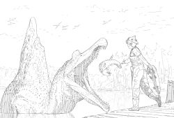 Rule 34 | 1girl, animal, boots, commentary, dinosaur, english commentary, feeding, fish, greyscale, holding, holding animal, holding fish, jumpsuit, monochrome, open mouth, original, pier, smile, spinosaurus, standing, y naf