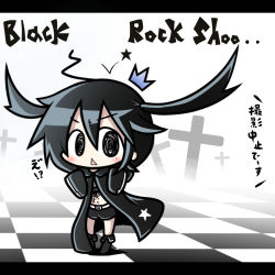Rule 34 | 10s, 1girl, :&lt;, ^^^, ahoge, aoblue, black rock shooter, black rock shooter (character), blush, boots, checkered floor, chibi, cross, floor, front-tie top, hood, hooded jacket, jacket, long coat, perspective, scar, shorts, solo, star (symbol), twintails, uneven twintails