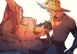 Rule 34 | 2boys, abs, adventurer (ff14), ardbert hylfyst, arm tattoo, armband, bara, black hair, blue eyes, blush, bracelet, brown hair, erection, fellatio, final fantasy, final fantasy xiv, hat, highres, hyur, jewelry, kare21054001, large pectorals, licking, licking penis, looking at another, male focus, multiple boys, muscular, muscular male, navel, necklace, nipples, nude, oral, pectorals, penis, straw hat, tattoo, testicles, tongue, tongue out, warrior of light (ff14), yaoi