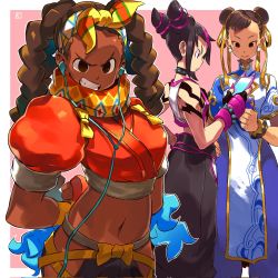 Rule 34 | 3girls, andrewcockroach, arm tattoo, arms behind back, black hair, blue hair, blue leggings, bracelet, brown hair, capcom, cellphone, china dress, chinese clothes, choker, chun-li, colored tips, commentary, dark-skinned female, dark skin, double bun, dress, earbuds, earphones, earrings, english commentary, fingerless gloves, gloves, hair bun, hair horns, hair ribbon, hairband, han juri, hand on own hip, highres, holding, holding phone, jewelry, kimberly jackson, leggings, looking at viewer, midriff, multicolored hair, multiple girls, navel, pelvic curtain, phone, puffy short sleeves, puffy sleeves, quad braids, ribbon, scarf, shirt, short sleeves, signature, simple background, sleeveless, sleeveless shirt, smartphone, smile, spiked bracelet, spiked choker, spikes, street fighter, street fighter 6, tattoo, yellow hairband