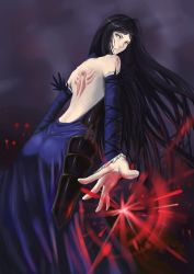 Rule 34 | 1girl, absurdres, back, backless outfit, bare back, black hair, blue eyes, castlevania (series), castlevania: order of ecclesia, charimei, detached sleeves, highres, long hair, looking back, shanoa, solo, tattoo