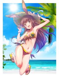 Rule 34 | 1girl, animal ears, armpits, arms up, bare shoulders, beach, bikini, blue sky, blush, bow, bra, breasts, brown bikini, brown bra, brown eyes, brown hair, brown panties, cloud, collarbone, day, extra ears, facing viewer, faunus (rwby), feet up, floating hair, front-tie bikini top, front-tie bra, front-tie top, full body, hands up, happy, hat, hat ornament, hat ribbon, heart, heart print, highres, holding, holding clothes, holding hat, iesupa, in air, jumping, leaf, leaves, long hair, looking at viewer, matching hair/eyes, medium breasts, midriff, multicolored bikini, multicolored bikini bottom, multicolored bikini top, multicolored bra, multicolored clothes, multicolored panties, multicolored swimsuit, navel, ocean, open mouth, outdoors, palm tree, panties, rabbit ears, rabbit girl, rabbit tail, ribbon, rwby, sandals, scrunchie, side-tie bikini bottom, side-tie panties, sky, smile, solo, straw hat, sun, sun hat, swimsuit, tail, tongue, tree, underwear, velvet scarlatina, water, white ribbon, wrist scrunchie, yellow bikini, yellow bra, yellow panties