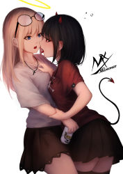Rule 34 | 2girls, artist name, black-framed eyewear, black hair, black skirt, blonde hair, blue eyes, breasts, brown legwear, brown skirt, can, collarbone, commentary, cross, cross necklace, demon girl, demon horns, demon tail, eye contact, eyewear on head, glasses, halo, highres, holding, holding can, horns, jewelry, latin cross, leaning forward, long hair, looking at another, multiple girls, necklace, open mouth, original, pleated skirt, profile, red shirt, round eyewear, shimmer, shirt, shirt grab, short sleeves, signature, skirt, small breasts, symbol-only commentary, tail, tail raised, thighhighs, tongue, tongue out, white shirt, yuri