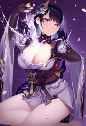 Rule 34 | 1girl, absurdres, bare legs, between breasts, blush, breasts, cleavage, elbow gloves, feet out of frame, fingerless gloves, fingernails, genshin impact, gloves, glowing, glowing sword, glowing weapon, hair ornament, highres, holding, holding sword, holding weapon, human scabbard, izulizuru, japanese clothes, kimono, large breasts, long fingernails, long hair, long sleeves, looking at viewer, mole, mole under eye, nail polish, obi, parted lips, petals, purple background, purple eyes, purple gloves, purple hair, purple kimono, purple nails, raiden shogun, sash, sheath, short kimono, signature, simple background, sitting, smile, solo, swept bangs, sword, tassel, unsheathing, vision (genshin impact), weapon, wide sleeves, yokozuwari