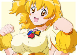 Rule 34 | 1girl, blonde hair, border, breasts, choker, cure pine, earrings, fresh precure!, fuchi (nightmare), heart, heart earrings, jewelry, large breasts, looking at viewer, medium hair, open mouth, orange choker, outside border, precure, side ponytail, smile, solo, upper body, white border, yamabuki inori, yellow background, yellow eyes