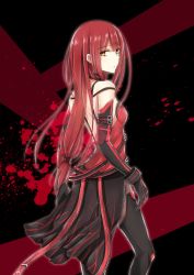 Rule 34 | 1girl, arm strap, back, bare shoulders, black gloves, black thighhighs, blood, blood splatter, blunt bangs, bow, bracelet, breasts, choker, cowboy shot, crimson avenger (elsword), elbow gloves, elesis (elsword), elsword, from side, gloves, hair bow, highres, jewelry, long hair, looking at viewer, looking to the side, low-tied long hair, moyashi (rina), parted lips, red bow, red eyes, red hair, showgirl skirt, small breasts, solo, thighhighs