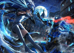 Rule 34 | 1boy, 1girl, absurdly long hair, akame ga kill!, arm up, armor, artist name, battle, belt, black bodysuit, black choker, blue eyes, blue hair, blue sky, bodysuit, boots, breasts, building, castle, choker, cleavage, cloud, cluseller, collarbone, crossover, crystal, dress, dutch angle, esdeath, glowing, glowing eyes, grin, hand up, happy, hat, haze, helmet, high heels, holding, holding sword, holding weapon, ice, japanese text, kamen rider, kamen rider build, kamen rider build (series), large breasts, layered sleeves, leg up, light trail, long hair, long sleeves, moon, multicolored hair, night, night sky, outdoors, peaked cap, power armor, power connection, red eyes, road, sample watermark, shiny clothes, short dress, short over long sleeves, short sleeves, skindentation, sky, smile, spread legs, standing, star (sky), starry sky, streaked hair, street, sword, tattoo, teeth, thigh boots, thighhighs, thighs, translation request, two-tone hair, utility belt, very long hair, watermark, weapon, white dress, white footwear, white headwear