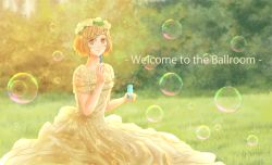 Rule 34 | 1girl, akagi mako, ballroom e youkoso, brown eyes, brown hair, bubble, blowing bubbles, day, dress, floral print, grass, head wreath, looking at viewer, o u i r i, outdoors, parted bangs, short hair, short sleeves, sitting, solo, sunlight, yellow dress