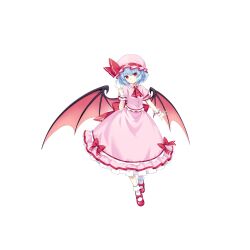 1girl ascot bat_wings blue_hair bobby_socks brooch closed_mouth collar collared_shirt frilled_collar frills hat hat_ribbon highres hirano_katsuyuki jewelry looking_at_viewer mary_janes mob_cap official_art pink_hat pink_skirt puffy_short_sleeves puffy_sleeves red_ascot red_eyes red_footwear remilia_scarlet ribbon shirt shoes short_sleeves skirt skirt_set smile socks solo touhou touhou_spell_carnival transparent_background white_socks wings wrist_cuffs