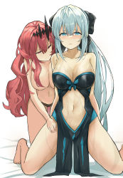 Rule 34 | 2girls, absurdres, arms behind back, baobhan sith (fate), black bow, black dress, black panties, blue eyes, blush, bow, braid, breasts, cleavage, clothing cutout, convenient censoring, dddm, dress, fate/grand order, fate (series), french braid, hair bow, hair censor, hair ornament, hand on another&#039;s thigh, highres, incest, kneeling, large breasts, long hair, looking at breasts, looking at viewer, morgan le fay (fate), mother and daughter, multiple girls, navel, panties, parted lips, pelvic curtain, ponytail, red eyes, red hair, silver hair, stomach cutout, sweat, underwear