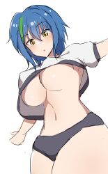Rule 34 | 1girl, absurdres, blue hair, breasts, chestnut mouth, clothes lift, cowboy shot, dot nose, enon1129, female focus, from below, gym uniform, hair between eyes, high school dxd, highres, large breasts, navel, shiny clothes, shirt, shirt lift, short hair, short sleeves, simple background, solo, standing, underboob, uniform, white background, white shirt, xenovia quarta, yellow eyes