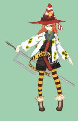Rule 34 | 1girl, aharan, bad id, bad pixiv id, caution tape, chain, character request, glasses, hat, highres, keep out, pantyhose, sign, solo, striped clothes, striped pantyhose, sword, weapon, witch hat, yellow pantyhose