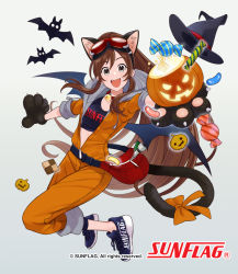 Rule 34 | 1girl, :d, animal, animal ear fluff, animal ears, animal hands, bat (animal), bell, black gloves, black hat, black shirt, blue footwear, bow, breasts, brown hair, candy wrapper, cat ears, cat tail, character request, copyright name, copyright notice, crop top, fangs, full body, gloves, goggles, goggles on head, gradient background, grey background, grey eyes, halloween, halloween bucket, hat, jack-o&#039;-lantern, jingle bell, jumpsuit, long hair, long sleeves, looking at viewer, official art, open mouth, orange bow, orange jumpsuit, outstretched arm, paw gloves, ponytail, shirt, shoes, small breasts, smile, solo, sunflag, tail, tail bow, tail ornament, very long hair, witch hat, yuko (uc yuk)